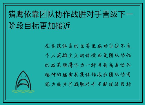 猎鹰依靠团队协作战胜对手晋级下一阶段目标更加接近