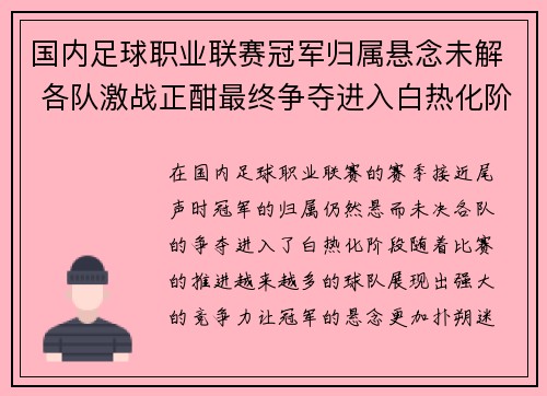 国内足球职业联赛冠军归属悬念未解 各队激战正酣最终争夺进入白热化阶段