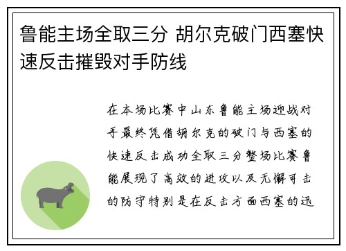 鲁能主场全取三分 胡尔克破门西塞快速反击摧毁对手防线