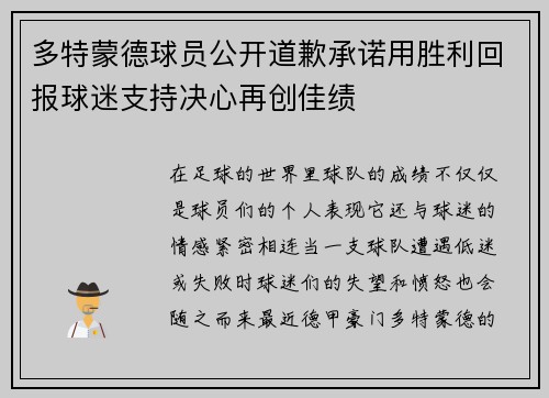 多特蒙德球员公开道歉承诺用胜利回报球迷支持决心再创佳绩