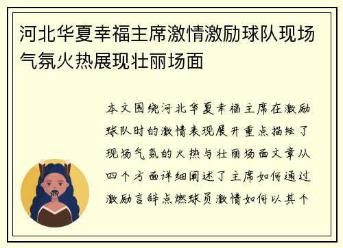 河北华夏幸福主席激情激励球队现场气氛火热展现壮丽场面