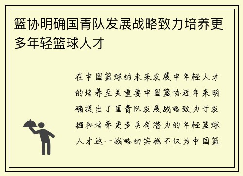 篮协明确国青队发展战略致力培养更多年轻篮球人才