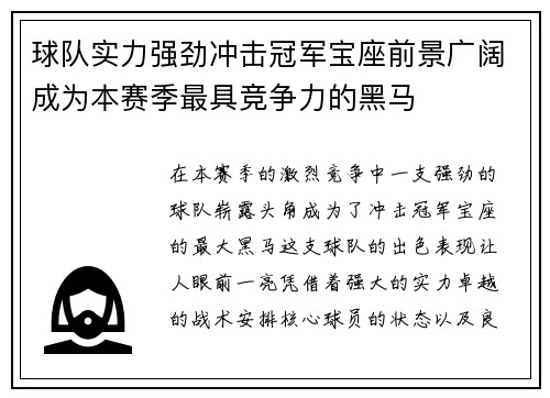 球队实力强劲冲击冠军宝座前景广阔成为本赛季最具竞争力的黑马
